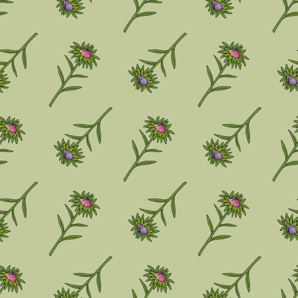 Seamless pattern with aster buds on light green background. Vector image.