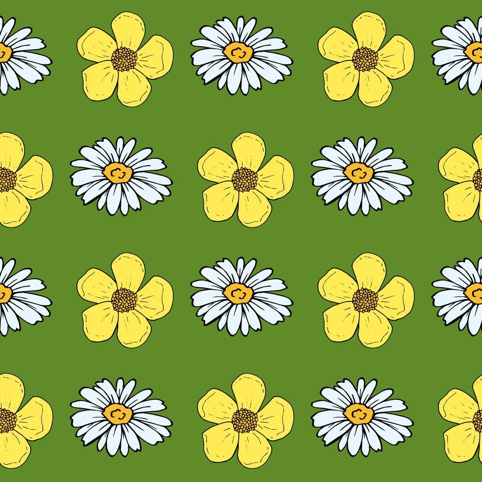 Seamless pattern with cozy buttercups and chamomile on green background. Vector image.