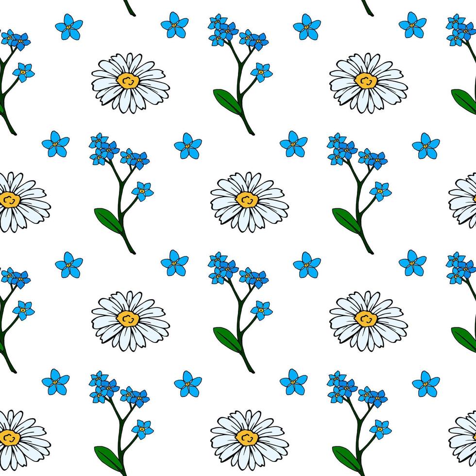 Seamless pattern with cozy flowers forget-me-not and chamomile on white background. Vector image.