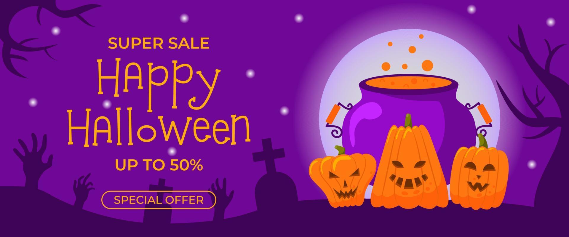 Happy Halloween promo sale banner. Cauldron with witches potion, pumpkin on full moon background. Cemetery with zombies under the starry sky. Vector illustration for poster, flyer, special offer