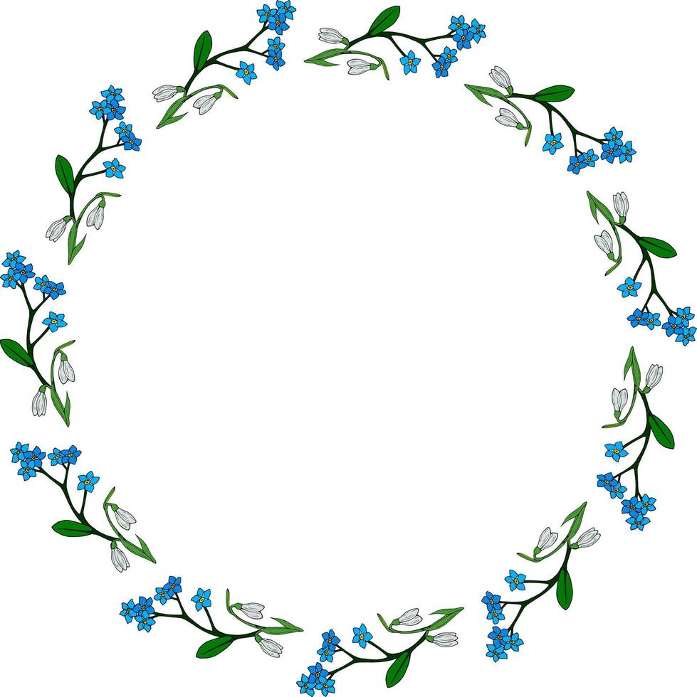 Round frame with flowers forget-me-not and snowdrops on white background. Doodle style. Vector image.