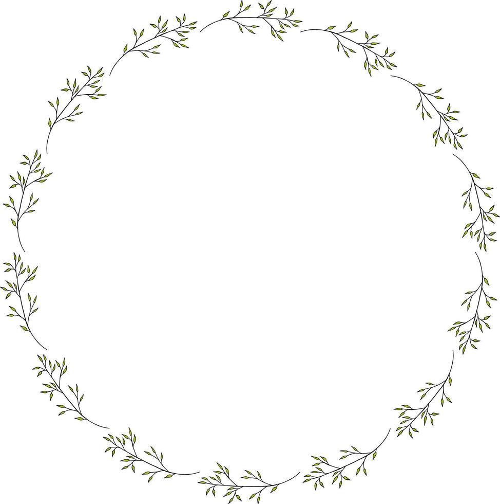 Round frame with creative branches on white background. Doodle style. Vector image.
