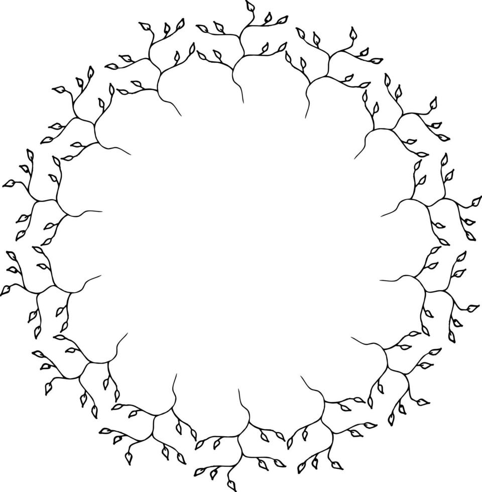 Round frame with creative black-and-white branches on white background. Doodle style. Vector image.