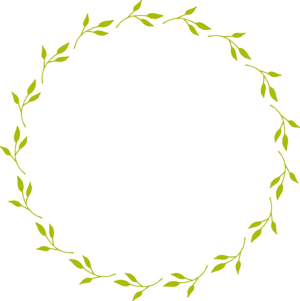 Round frame with light green branches on white background. Doodle style. Vector image.
