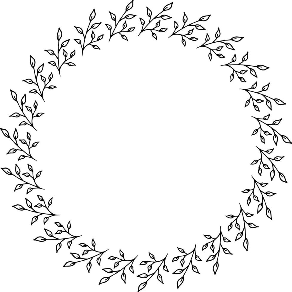 Round frame with cozy black-and-white branches on white background. Doodle style. Vector image.