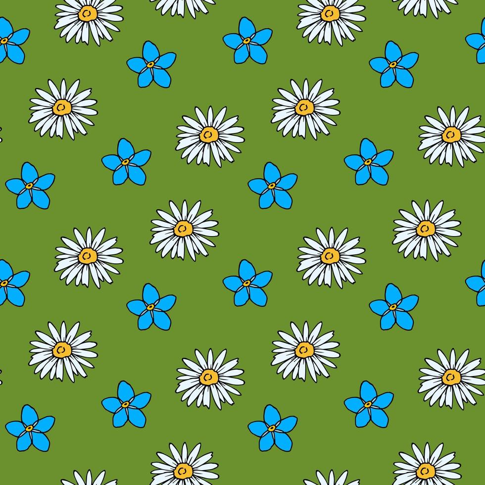 Seamless pattern with flowers forget-me-not and chamomile on green background. Vector image.