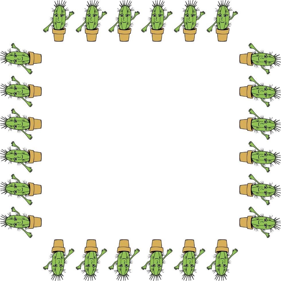 Square frame with stylish smiling cactus on white background. Doodle style. Vector image.