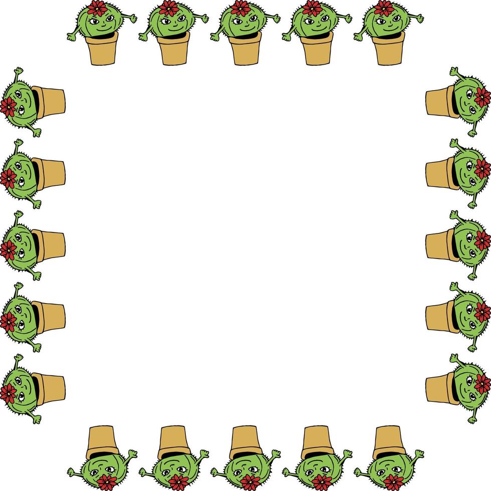 Square frame with cute smiling cactus on white background. Doodle style. Vector image.