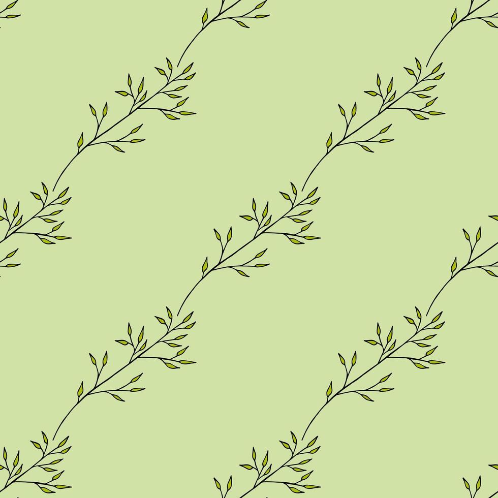 Seamless pattern with creative branches on light green background. Vector image.