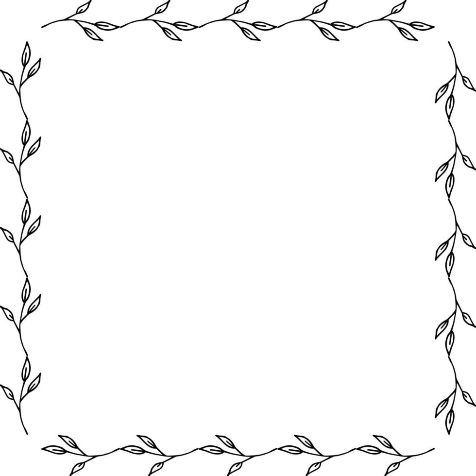 Square frame with cozy black-and-white branches on white background. Doodle style. Vector image.