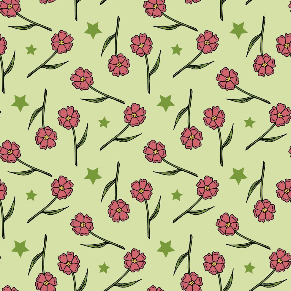 Seamless pattern with pink flowers and green stars on light green background. Vector image.