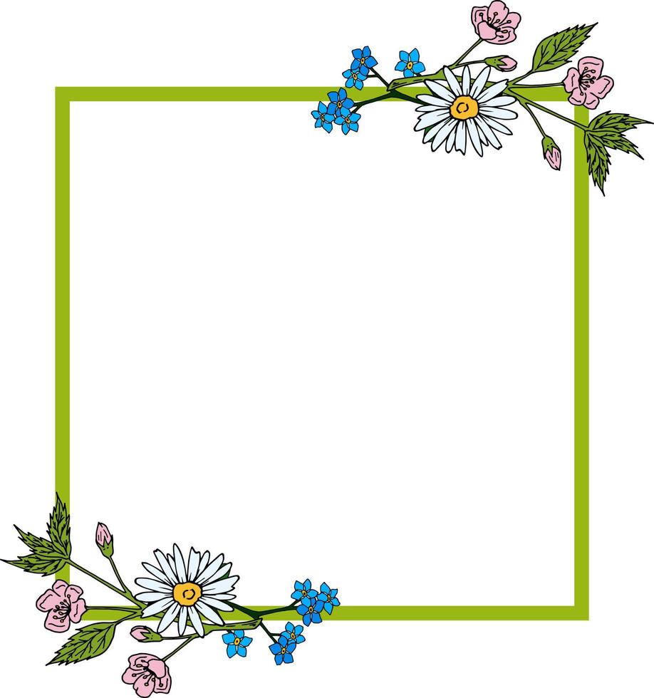 marco cuadrado con manzanilla, ramas de sakura y flores nomeolvides sobre fondo blanco. imagen vectorial vector