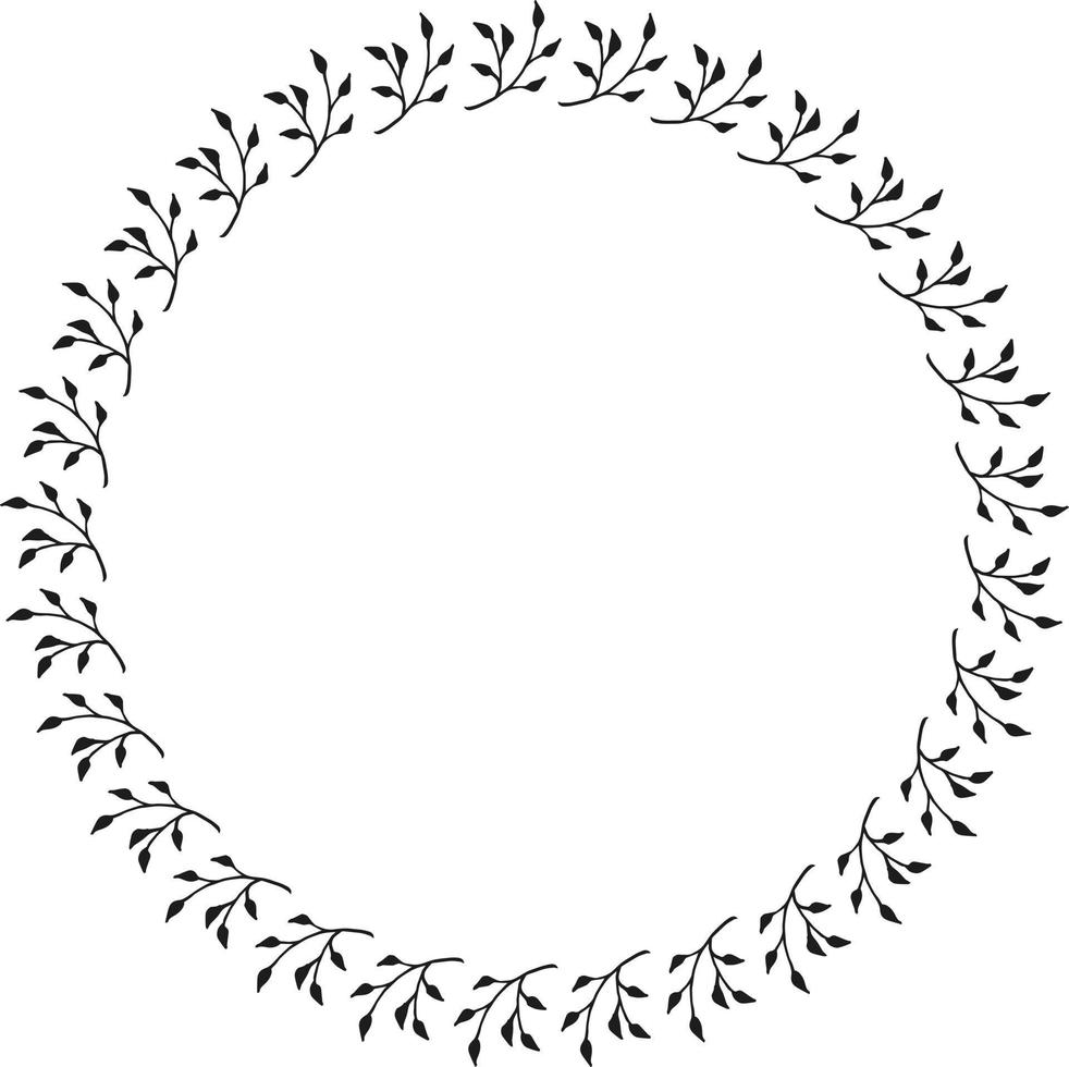Round frame with black branches on white background. Doodle style. Vector image.