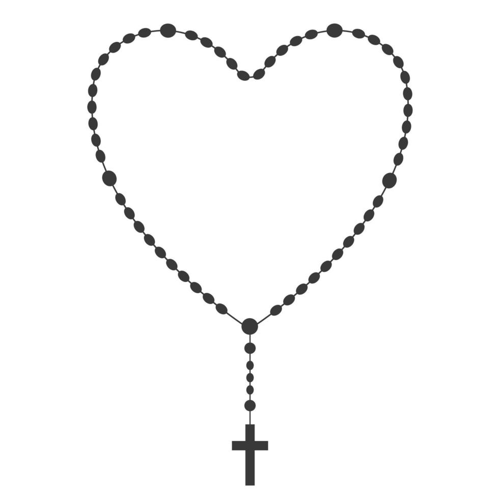 Rosary beads silhouette. Prayer heart shaped jewelry for meditation. Catholic chaplet with a cross. Religion symbol. Vector illustration.