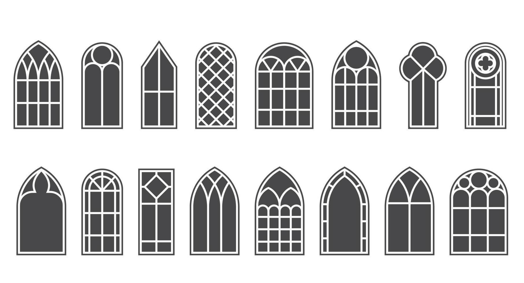 Church medieval windows set. Old gothic style architecture elements. Vector glyph illustration on white background.