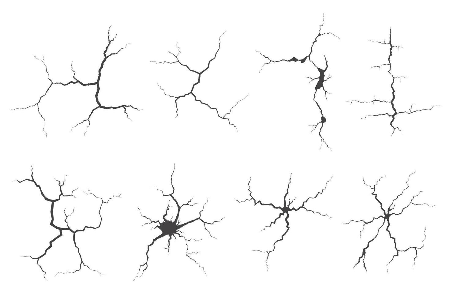 Cracks collection on wall, earth or stone. Scratches lines on surfaces. Lightning and thunderstorm vector illustrations. Fissure on ground and ice. Graphic explosions textures with holes.