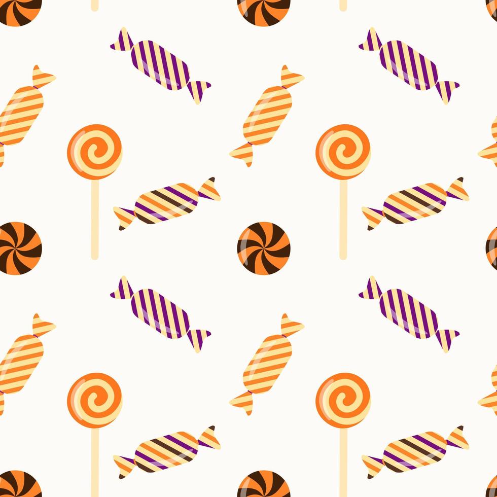 Halloween vector seamless pattern with trick or treat candies. Background in traditional colours and for Halloween celebration, textiles, wallpapers, wrapping paper, scrapbooking.