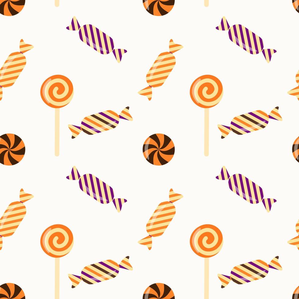 Halloween vector seamless pattern with trick or treat candies. Background in traditional colours and for Halloween celebration, textiles, wallpapers, wrapping paper, scrapbooking.