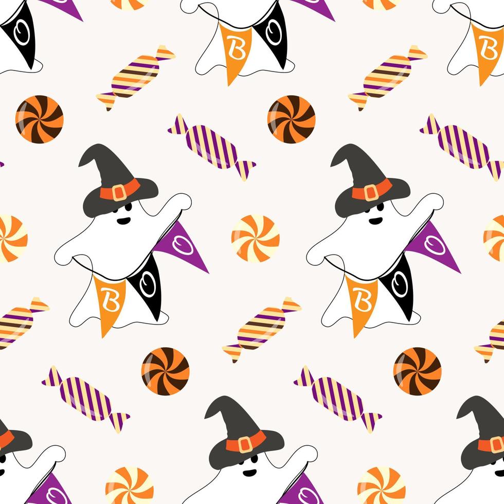 Halloween vector seamless pattern with trick or treat candies. Background in traditional colours and for Halloween celebration, textiles, wallpapers, wrapping paper, scrapbooking.