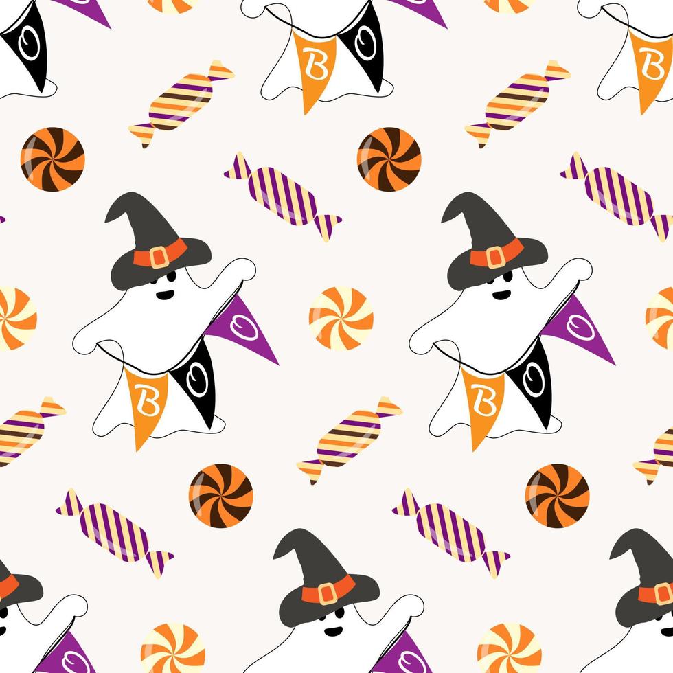 Halloween vector seamless pattern with trick or treat candies. Background in traditional colours and for Halloween celebration, textiles, wallpapers, wrapping paper, scrapbooking.