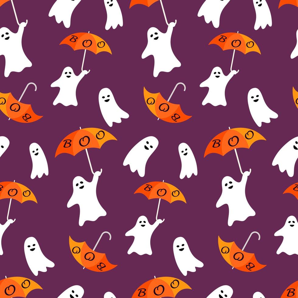 Halloween clipart of cute funny cartoon ghost with Boo, orange umbrella on an isolated background. Spooky background for Halloween celebration, textiles, wallpapers, wrapping paper, scrapbooking. vector