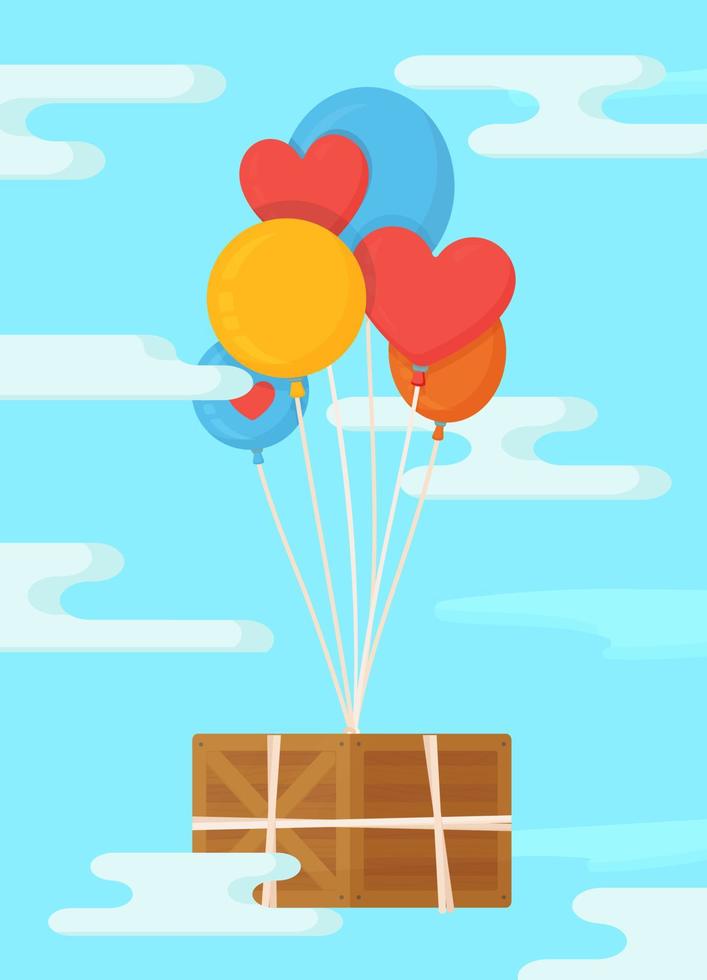 Vector illustration of an isolated box flying on balloons. Isolated flying box on blue background.