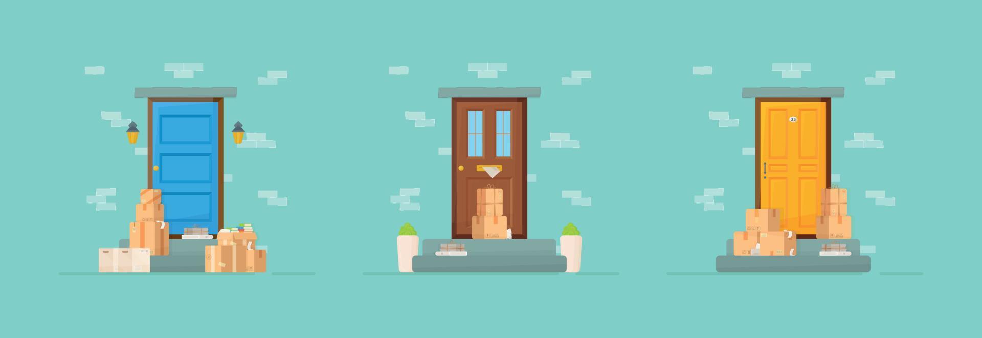 Parcel bag and shopping bags in the front door. Vector illustration of boxes. Icons of three entrances.