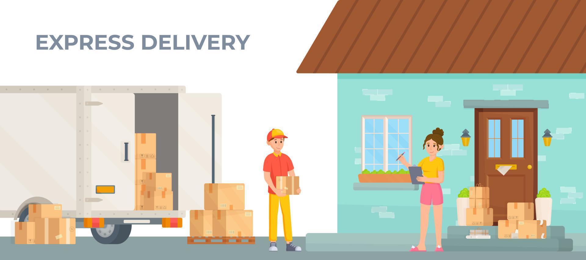 Vector illustration of the concept of express delivery. The courier hands over the order.