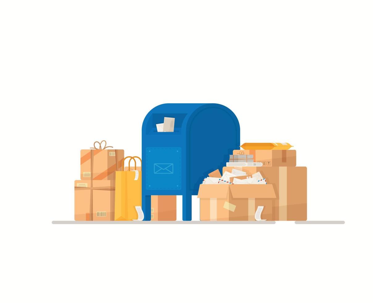 buzón con paquetes y cartas. ilustración vectorial de pedidos de productos desde internet. mercancías en cajas. vector