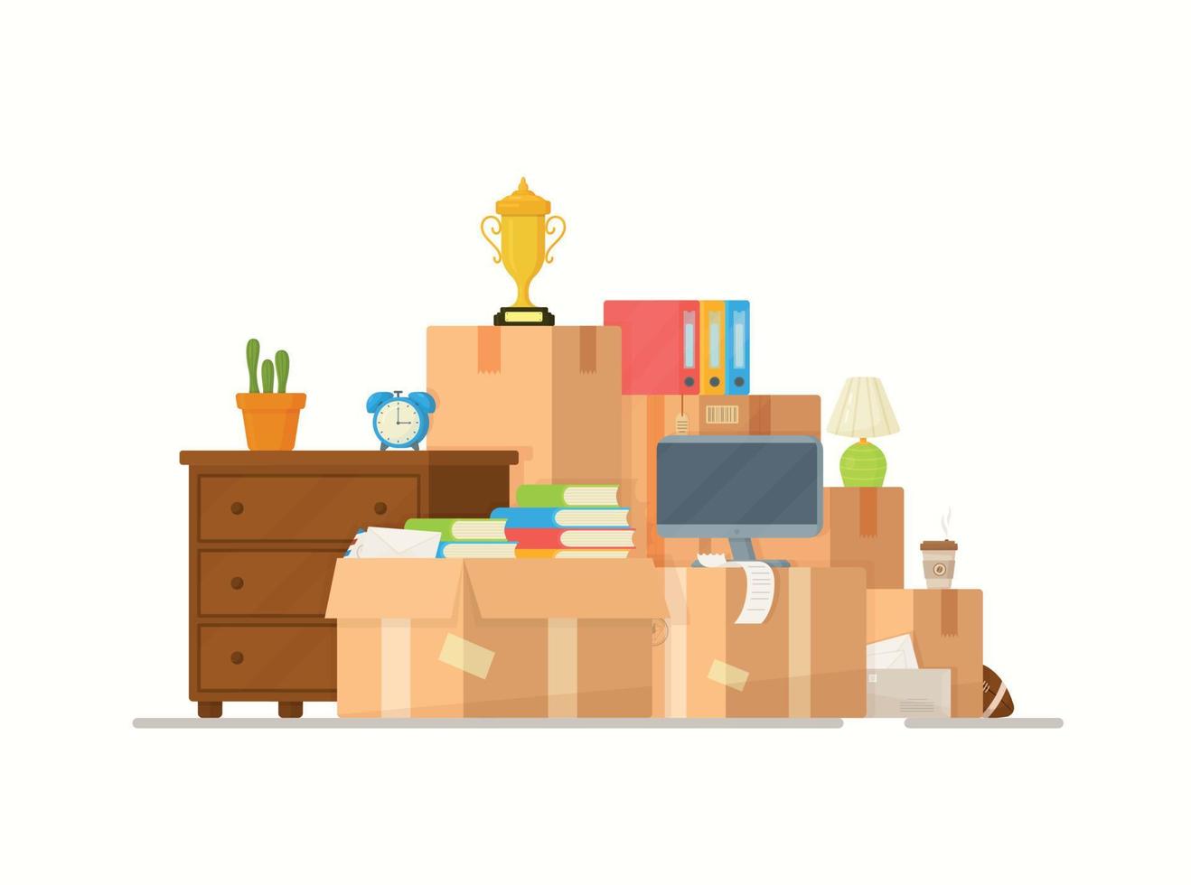 Paper cardboard boxes with various household items. vector