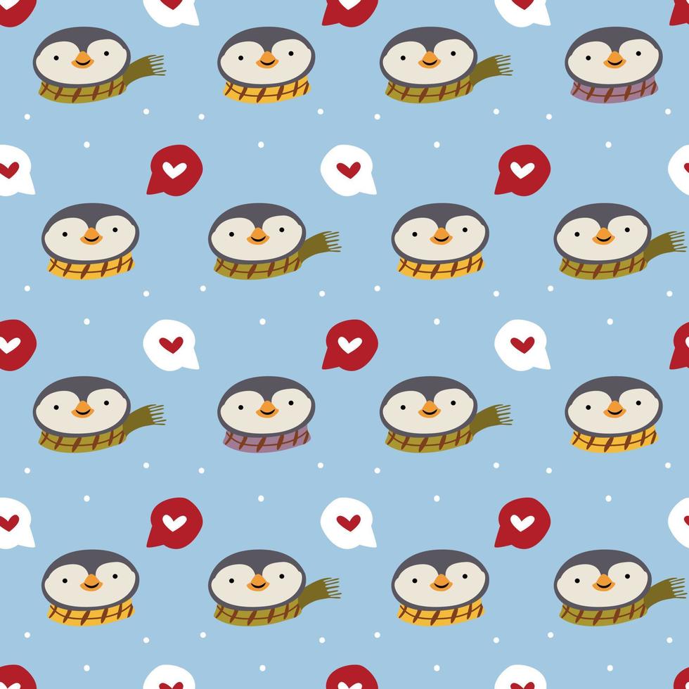 Cute penguins with scarf, heart bubble hearts, seamless pattern in minimalistic scandinavian style on blue. Penguin character doodle. Winter kids seamless vector pattern