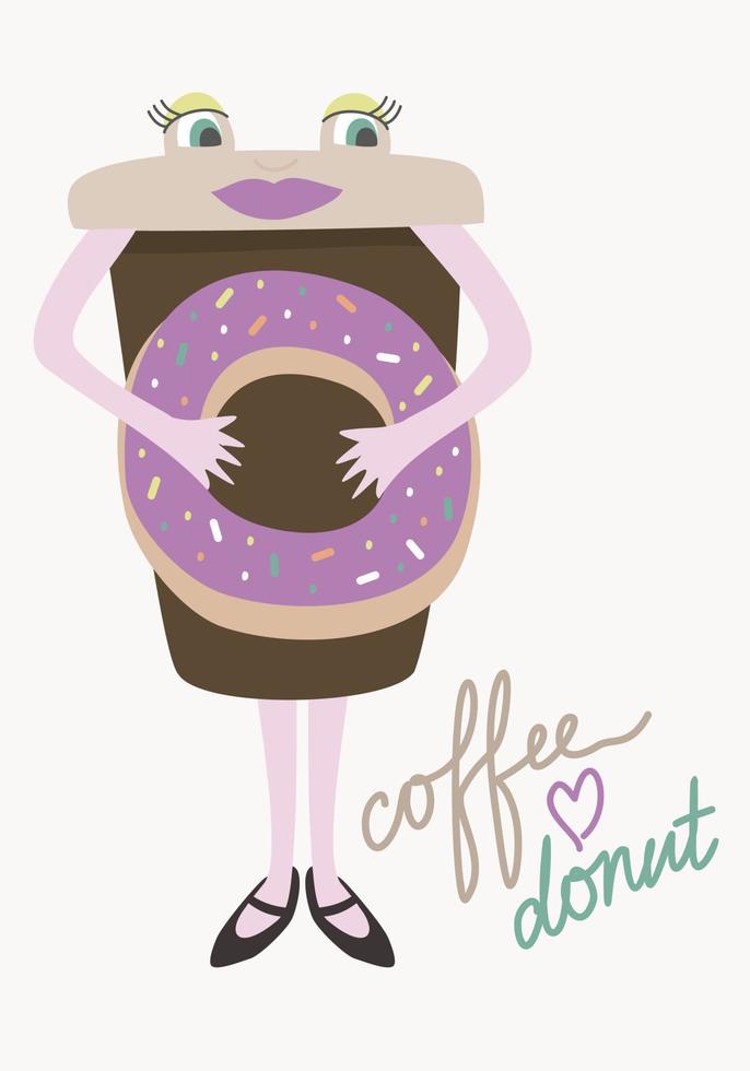 café y donas. ilustración vectorial con letras. vector