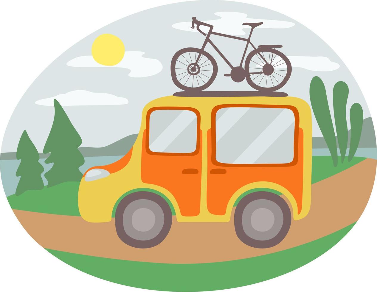 Travel minivan with bicycle on the top. Family summer travel concept. Country landscape around. vector