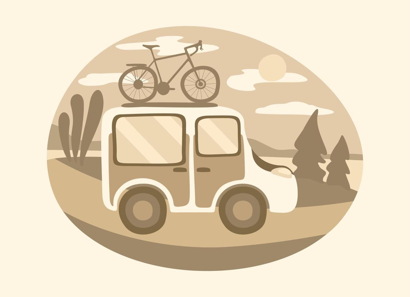 minivan de viaje con bicicleta en la parte superior. concepto de viaje familiar de verano. paisaje campestre alrededor. composición sepia monocromática. vector