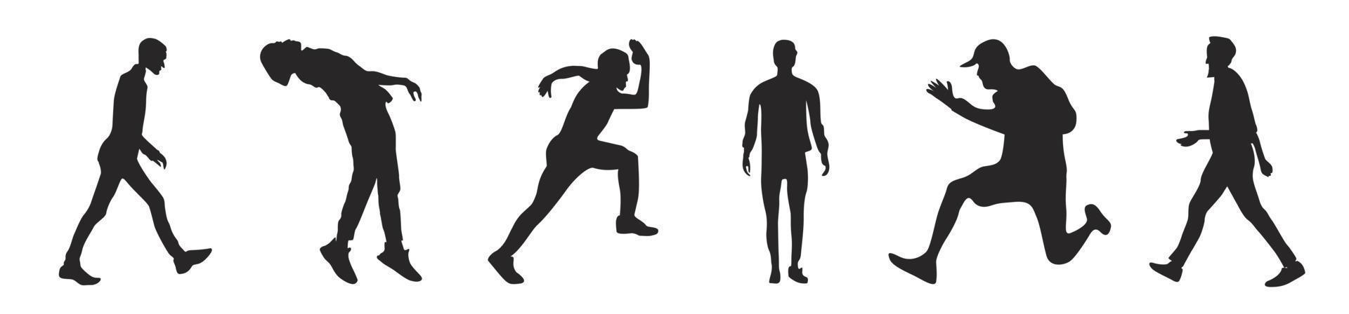hombres vector siluetas de personas de pie, corriendo y caminando, color negro aislado en fondo blanco