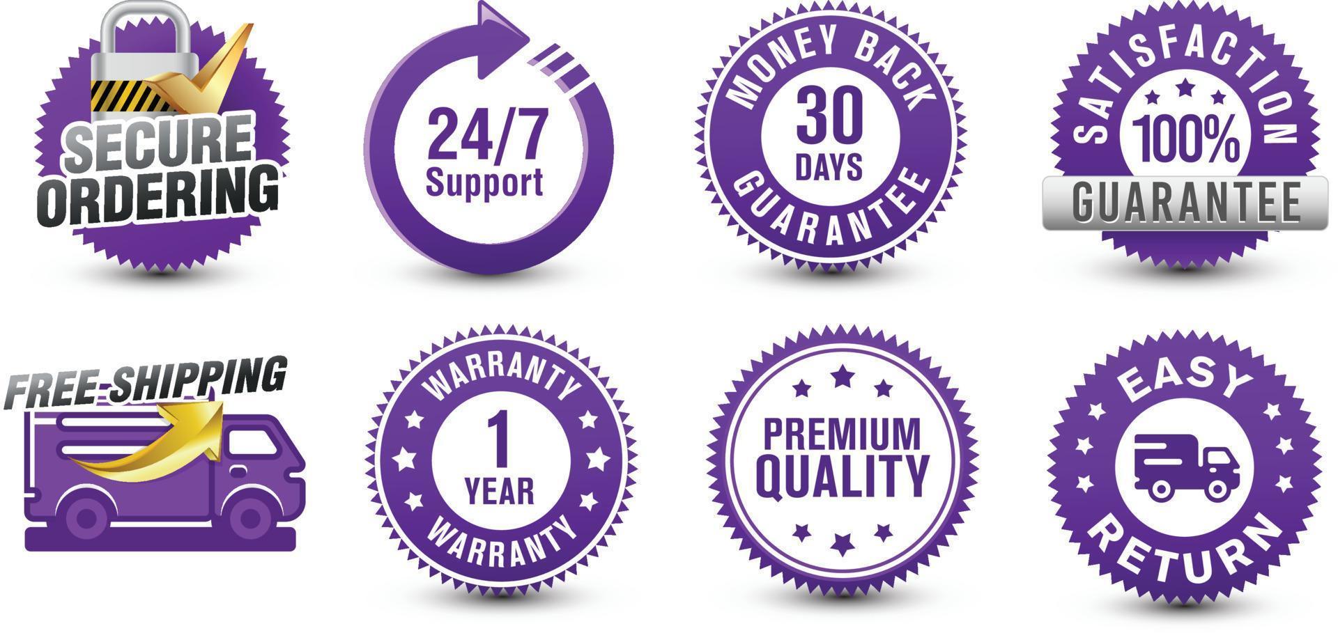 Ecommerce purple colored security badge, risk free, satisfaction guarantee shopping experience icon badge collection isolated on white background. vector design.