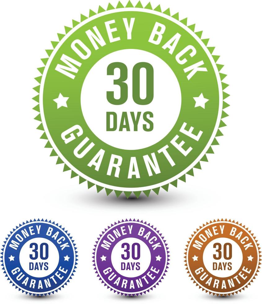 Green, blue, purple, golden colored 30 days money back guarantee badge, icon, sign isolated on white background. vector design.