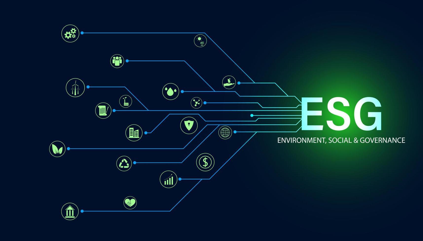 Abstract ESG with icon concept sustainable corporate development Environment, Social, and Governance on a modern green background. vector