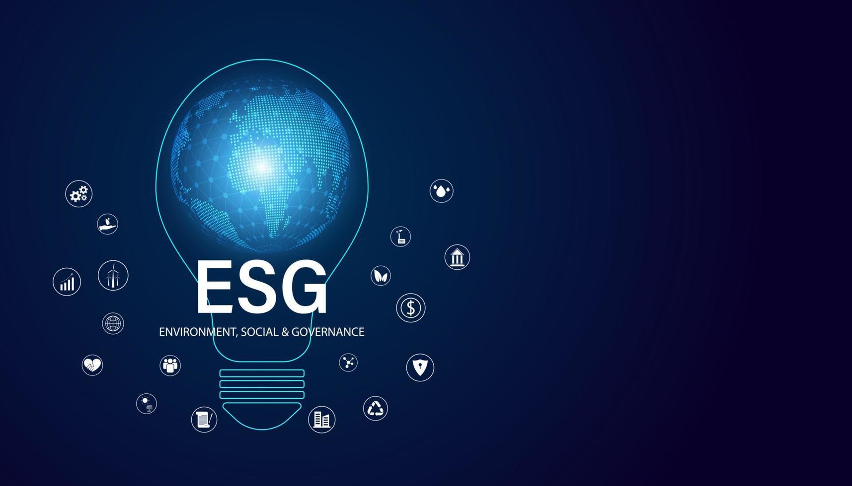 Abstract ESG with icons, concepts, ideas and light bulbs Digital world Sustainable corporate development Environment, Social, and Governance on a modern blue background vector