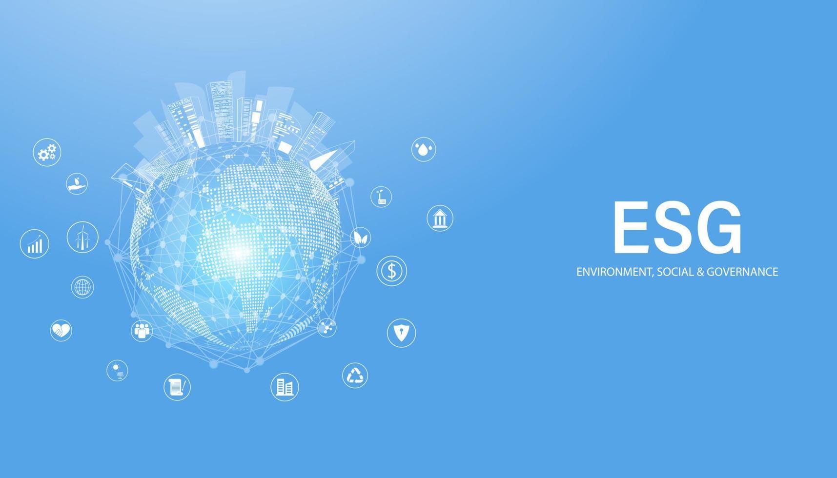 resumen esg mundo digital de alta tecnología con icono y concepto de ciudad inteligente desarrollo sostenible desde el medio ambiente, lo social y la gobernanza sobre un fondo azul moderno. vector