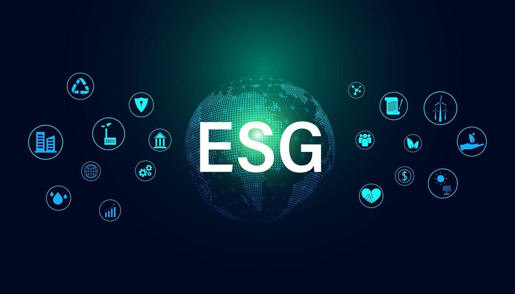 resumen esg mundo digital de alta tecnología con concepto de icono desarrollo sostenible desde el medio ambiente, lo social y la gobernanza sobre un fondo azul moderno. vector