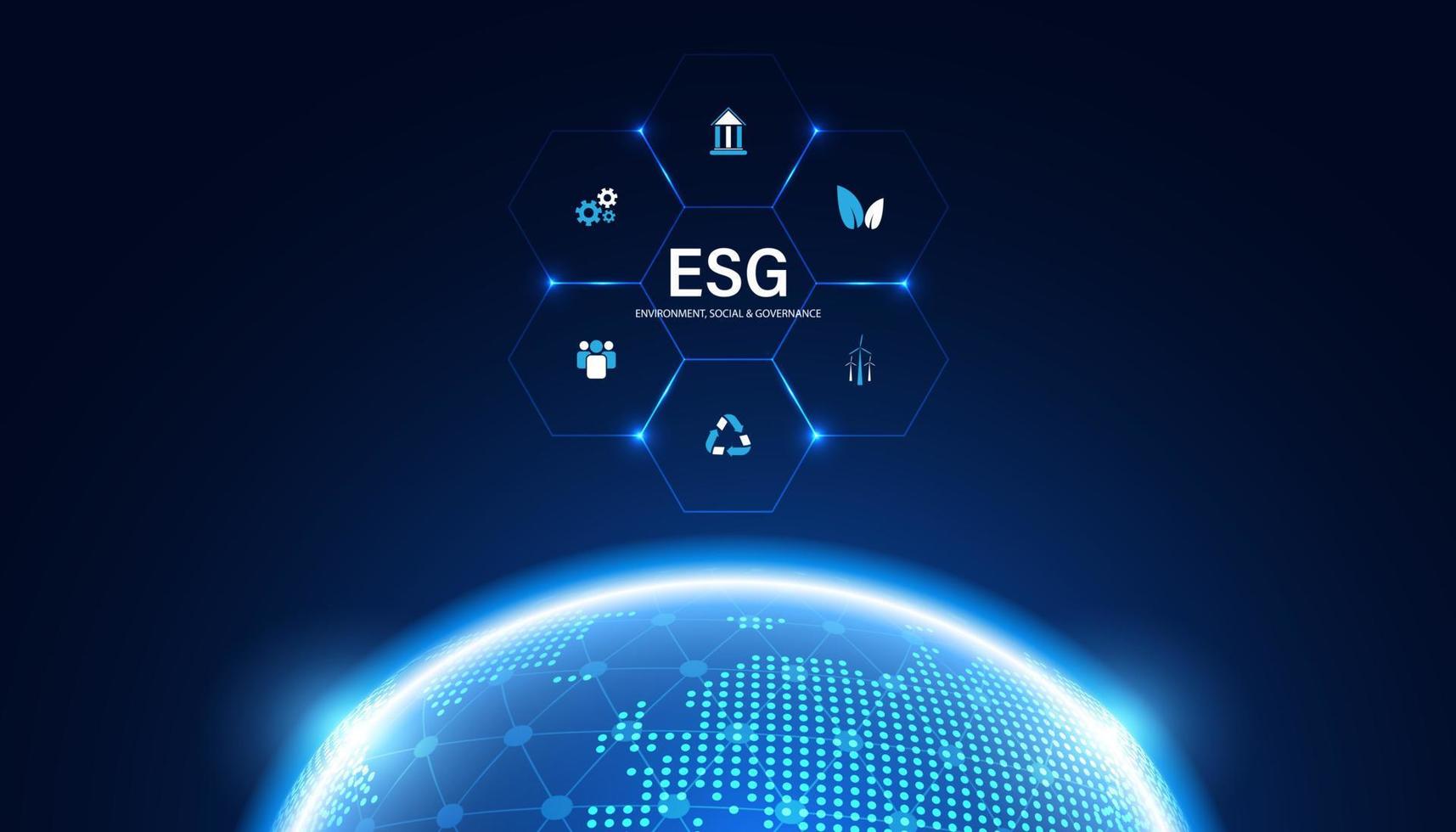 resumen esg mundo digital de alta tecnología con concepto de icono desarrollo sostenible desde el medio ambiente, lo social y la gobernanza sobre un fondo azul moderno. vector