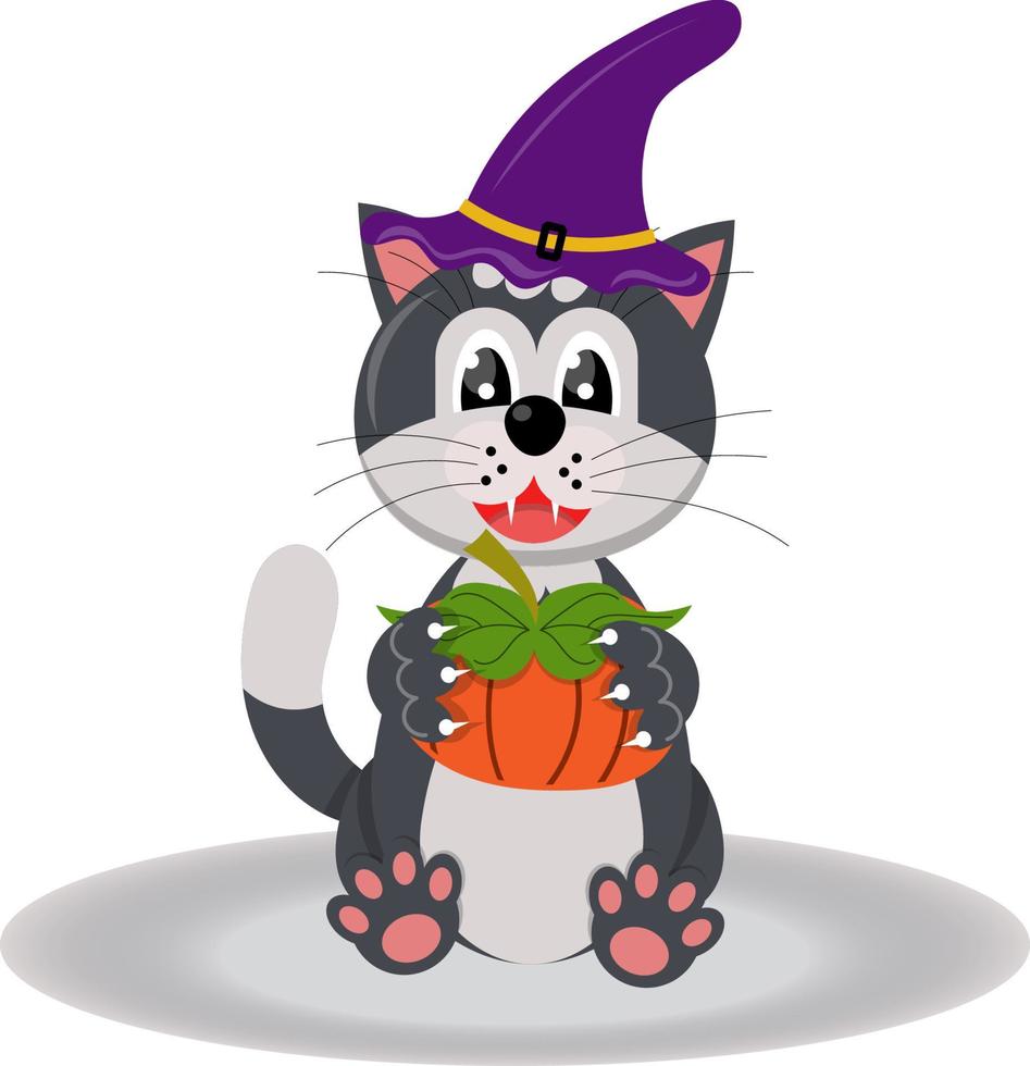 A cute cat in a witch's hat holds a festive pumpkin in his hands. Halloween. Vector flat illustration.