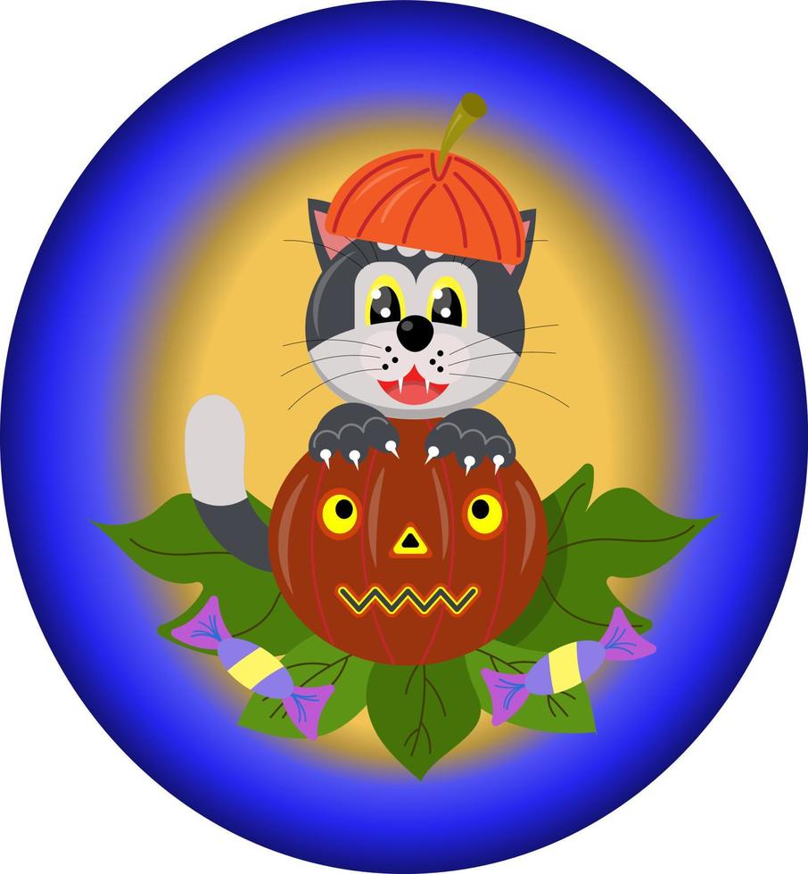 A cute cat in a witch's hat holds a festive pumpkin in his hands. Halloween. Vector flat illustration.