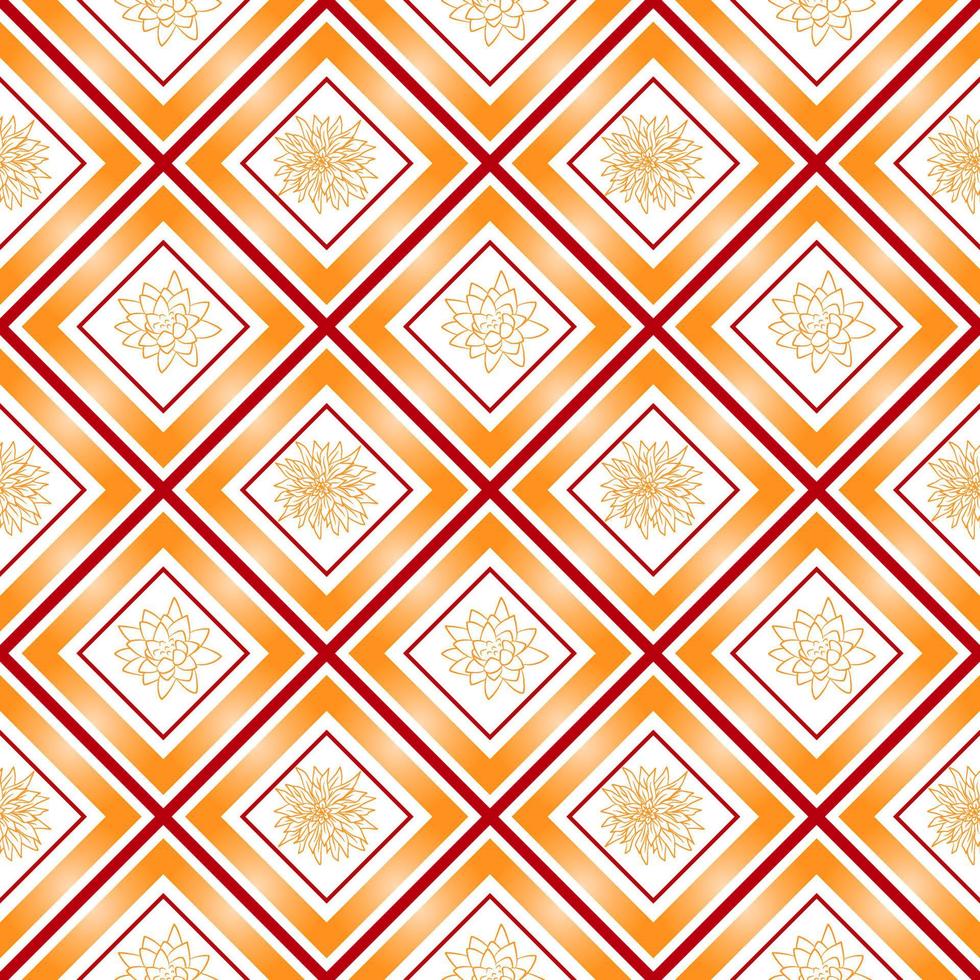 Orange floral geometric seamless pattern. Vector fabric print template. Rhombus ornament. Checkered carpet background.