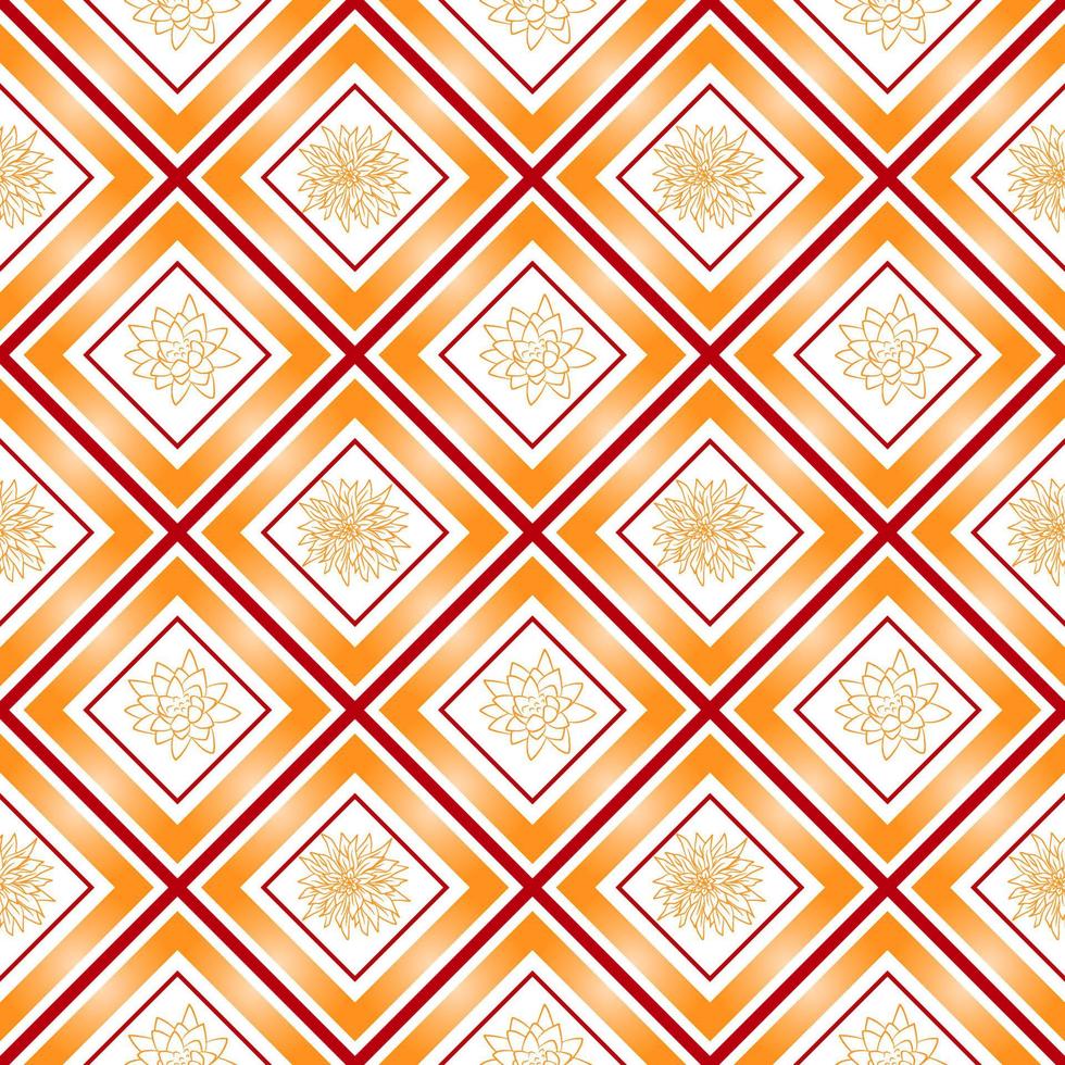 Orange floral geometric seamless pattern. Vector fabric print template. Rhombus ornament. Checkered carpet background.