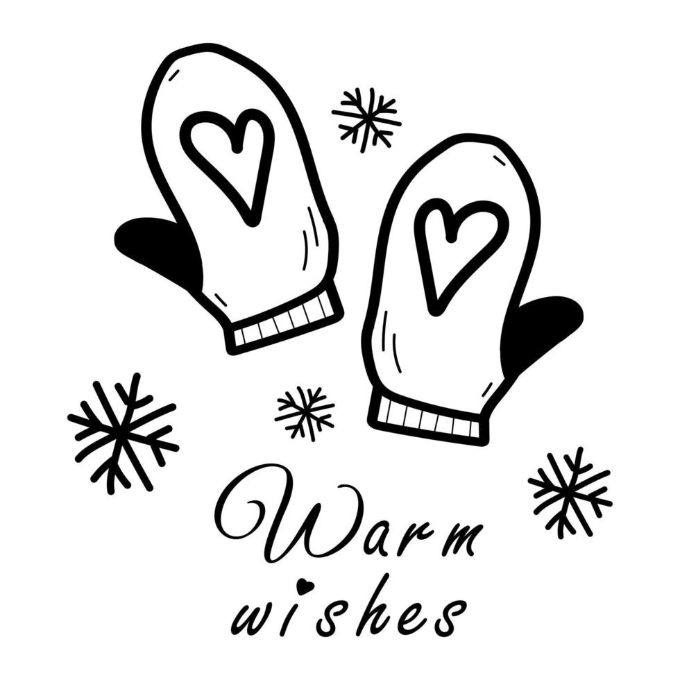 Doodle hand drawn mittens icon isolated on white background. Simple black outline silhouette. Warm wishes lettering. Cozy winter season hand wear. vector