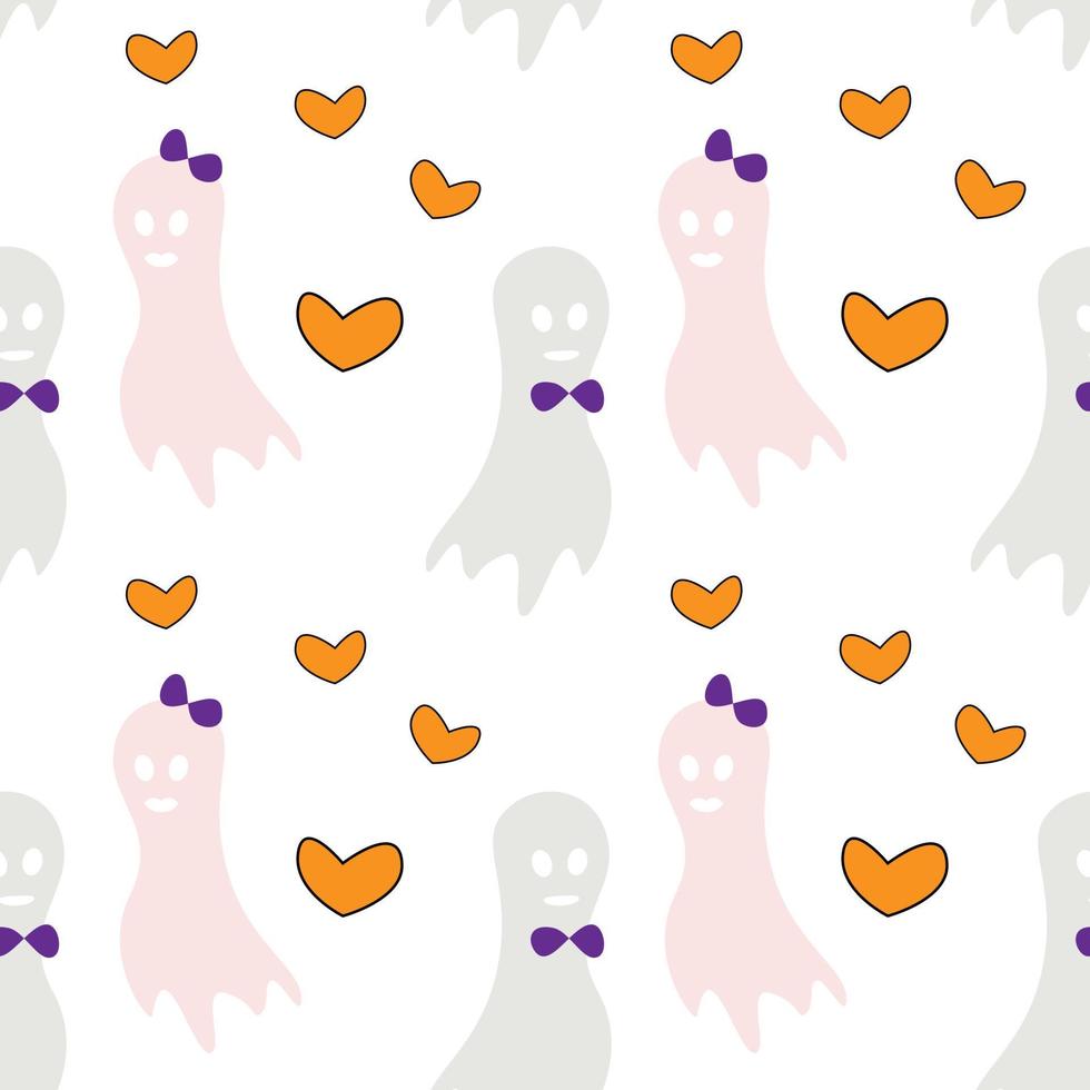 Seamless Halloween pattern with two ghosts in love and orange heart shapes. Isolate. Happy Halloween vector