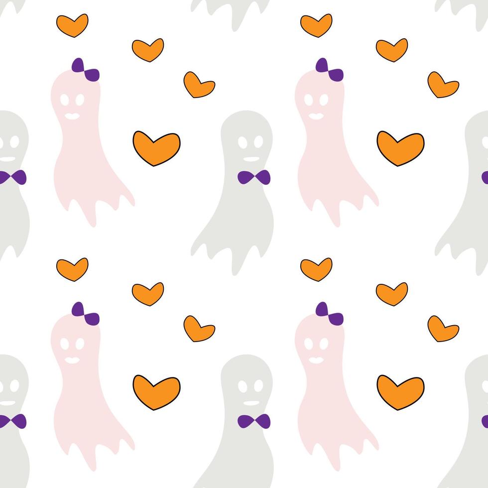 Seamless Halloween pattern with two ghosts in love and orange heart shapes. Isolate. Happy Halloween vector