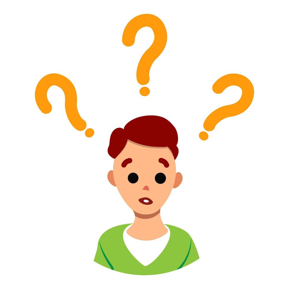 Confused man face. Simple flat vector illustration of question dilemma problem concept, isolated on white cartoon character, business asking analysis mark.